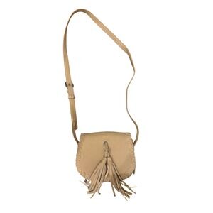 Forever 21 Tan Faux Leather Whipstitch Tassel Saddle Crossbody Bag Boho Small